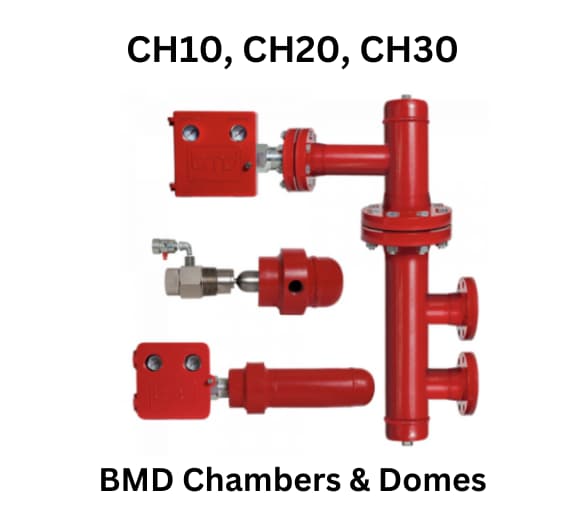 CH10, CH20, CH30 BMD Chambers and Domes - industrial red components for precise pressure control and monitoring.